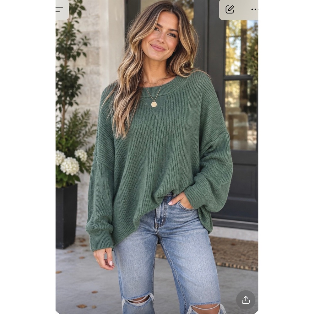 Aerie Oversized Ribbed Knit Sweater Sage Green Slouchy Crewneck Cozy Pullover XL